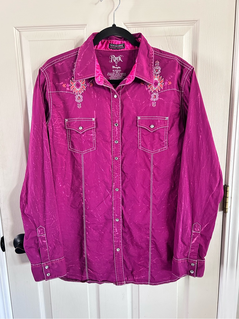 Rock 47 Wrangler Western Pearl Snap Long-Sleeve Button Down Shirt Rockabilly XL
